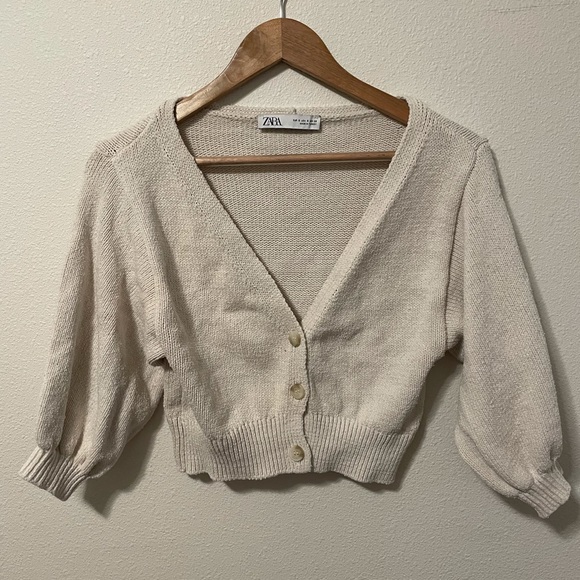 Zara Womens Nude Knit Cropped Lightweight Half Sleeve Button Up Cardigan S Small - Picture 3 of 6